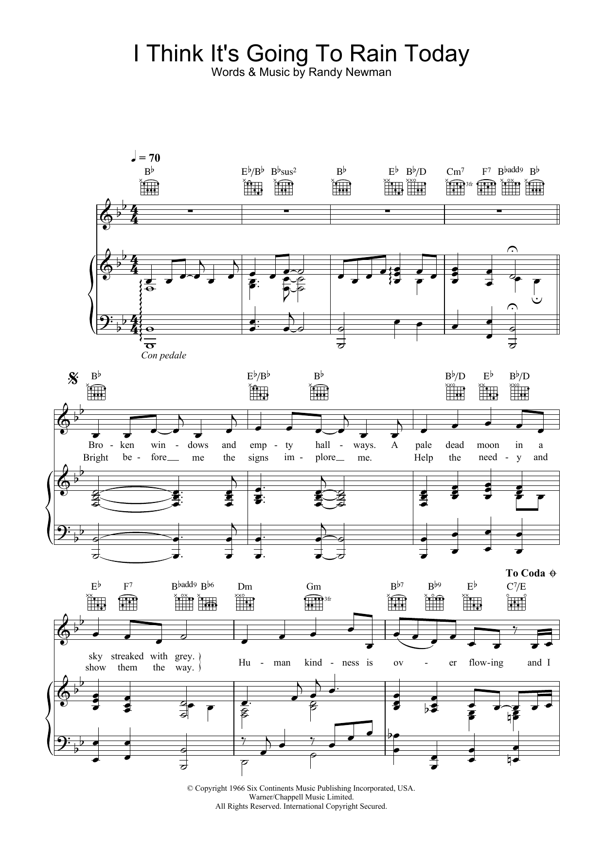 Katie Melua I Think It's Going To Rain Today Sheet Music Notes & Chords for Piano - Download or Print PDF