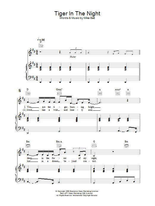 Katie Melua Tiger In The Night Sheet Music Notes & Chords for Piano, Vocal & Guitar - Download or Print PDF