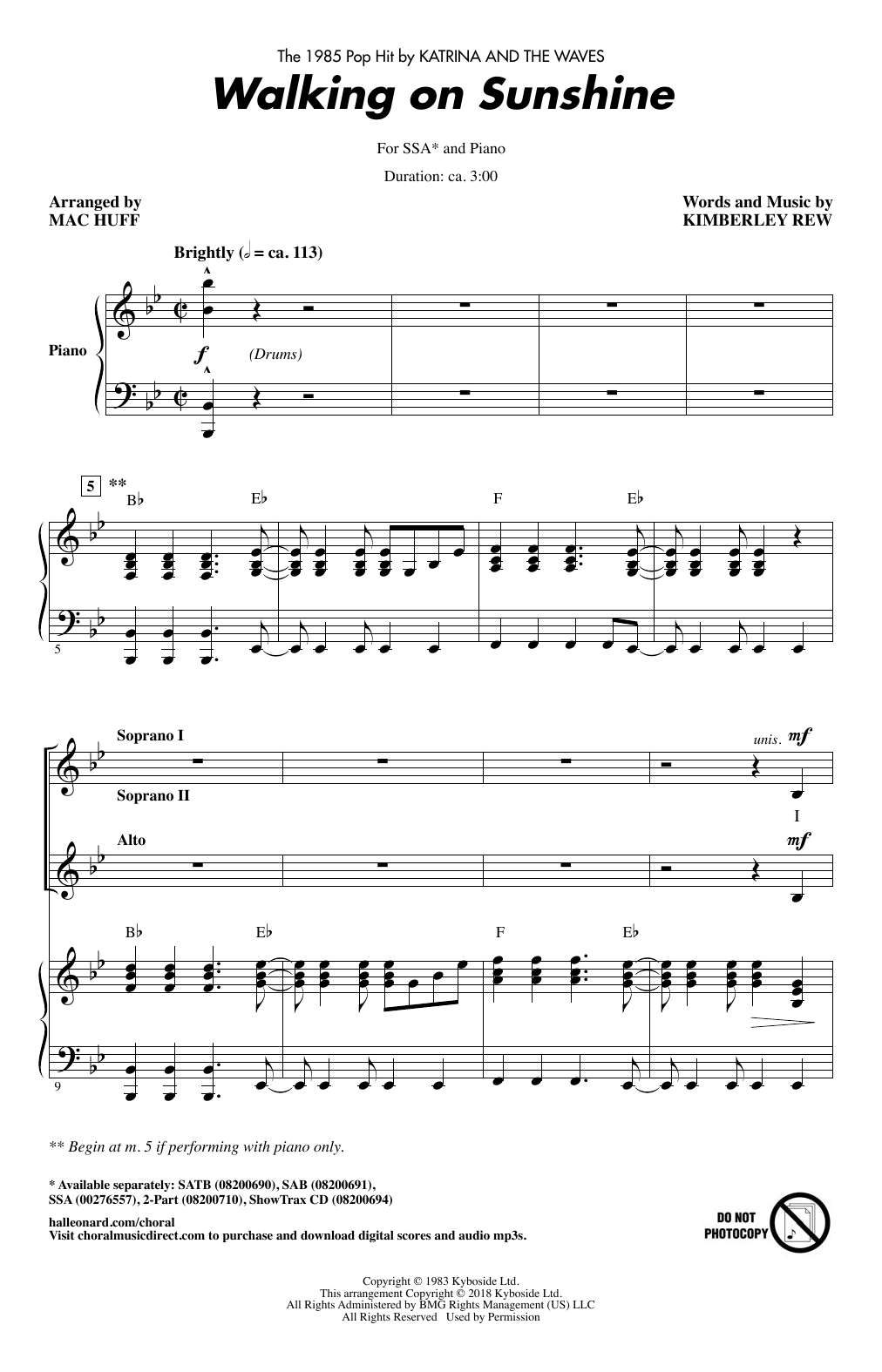 Katrina And The Waves Walking On Sunshine (arr. Mac Huff) Sheet Music Notes & Chords for SSA Choir - Download or Print PDF