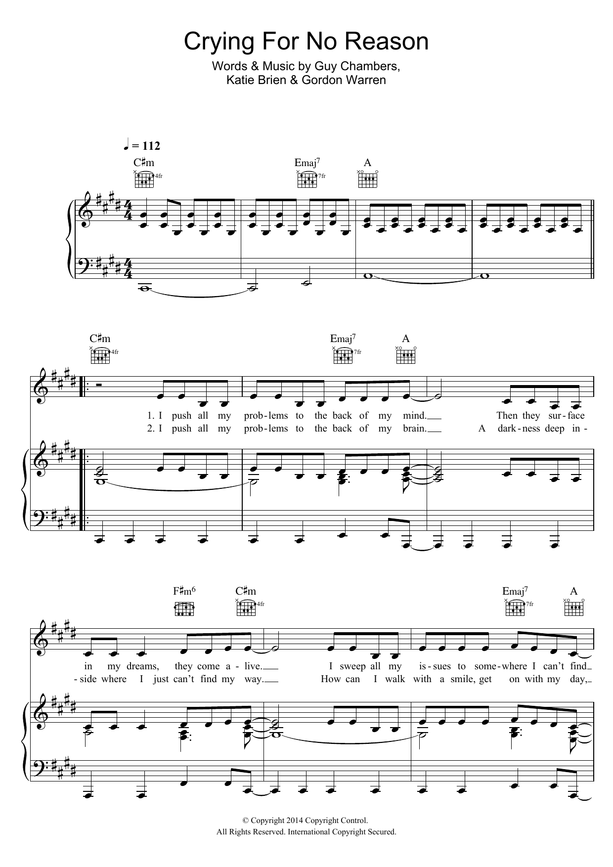 Katy B Crying For No Reason Sheet Music Notes & Chords for Piano, Vocal & Guitar (Right-Hand Melody) - Download or Print PDF