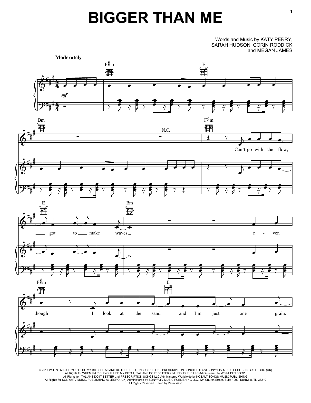 Katy Perry Bigger Than Me Sheet Music Notes & Chords for Piano, Vocal & Guitar (Right-Hand Melody) - Download or Print PDF