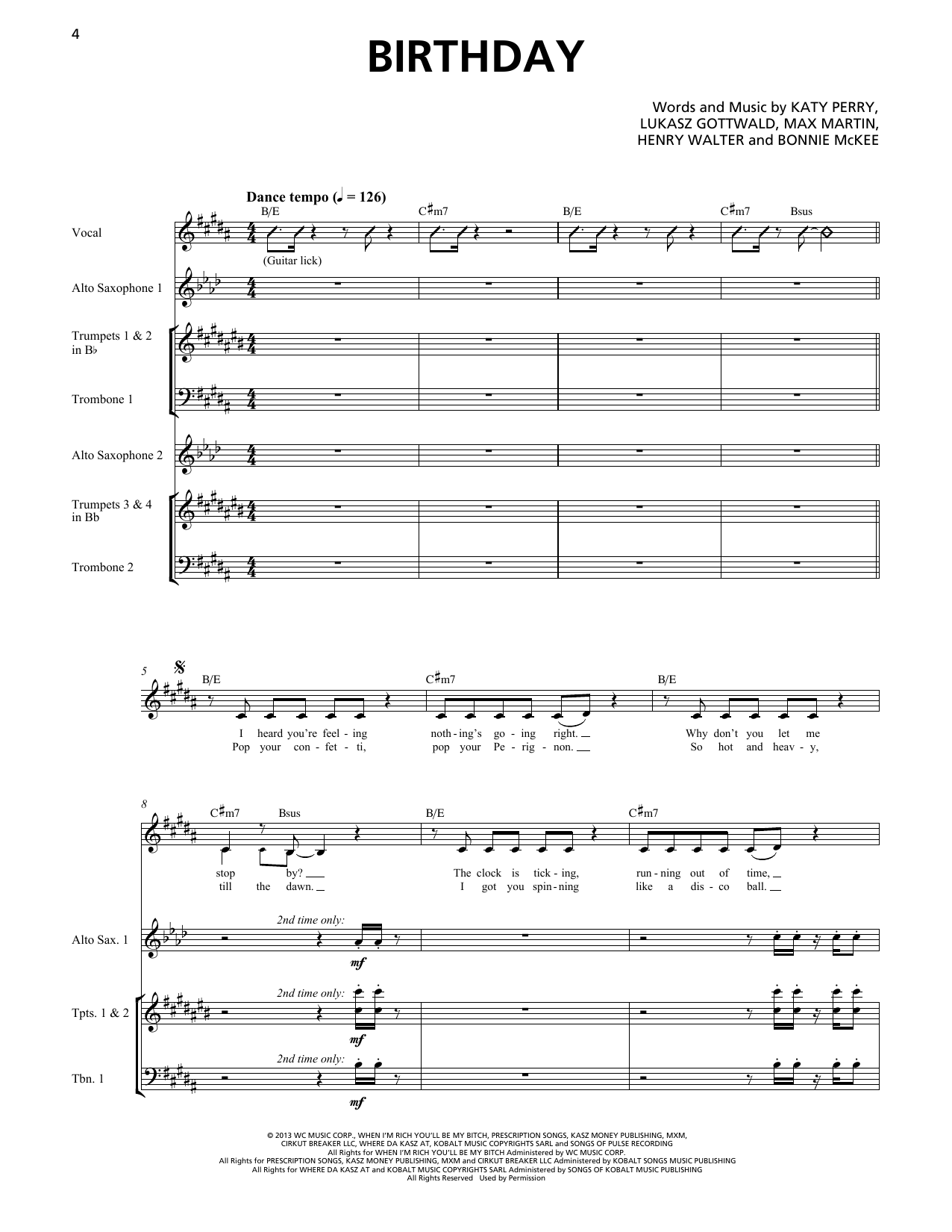 Katy Perry Birthday (Horn Section) Sheet Music Notes & Chords for Transcribed Score - Download or Print PDF