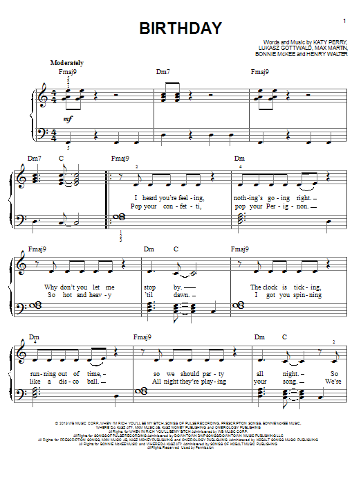 Katy Perry Birthday Sheet Music Notes & Chords for Easy Piano - Download or Print PDF