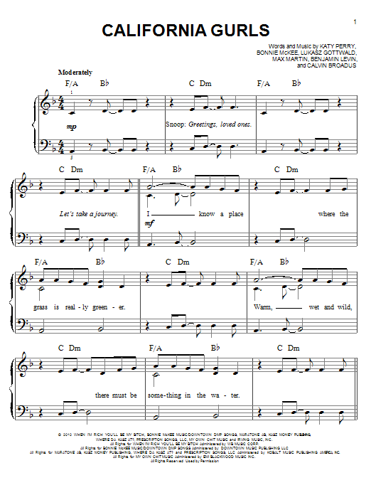 Katy Perry California Gurls Sheet Music Notes & Chords for Easy Piano - Download or Print PDF