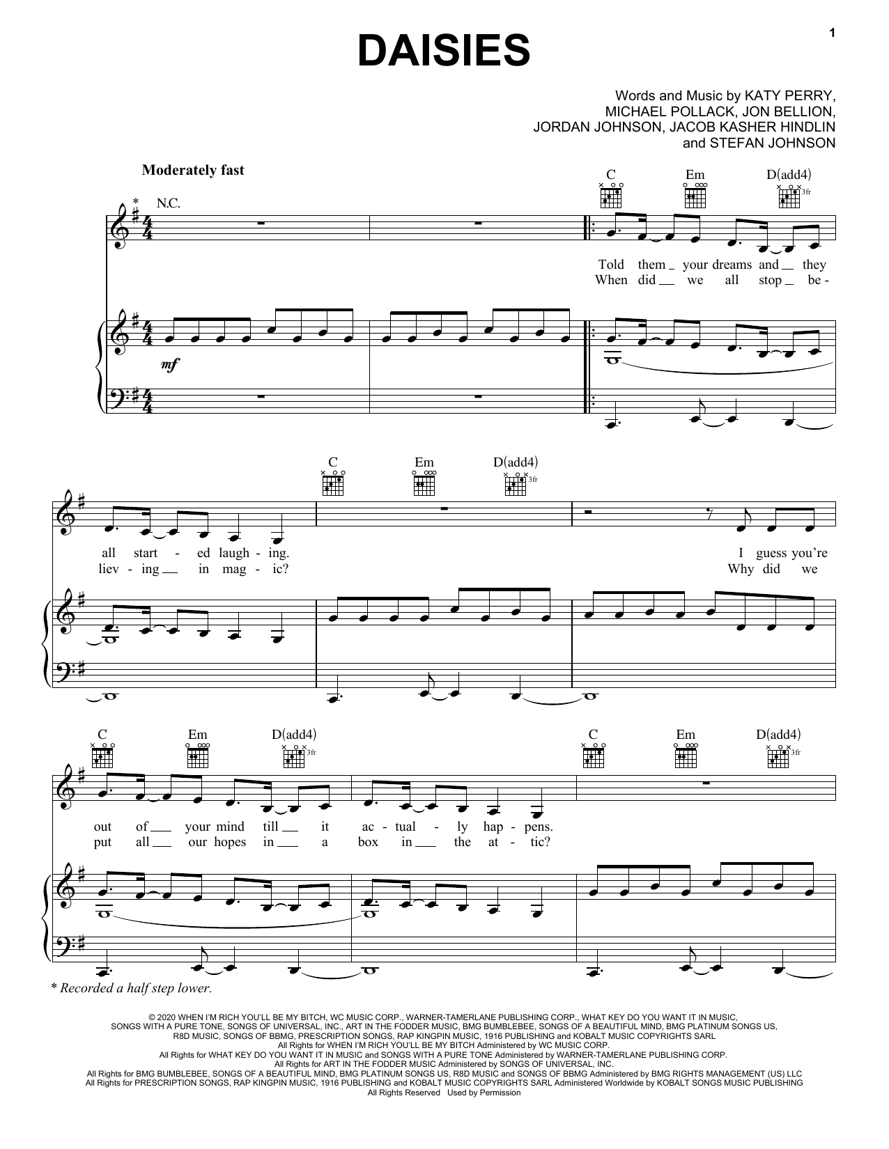 Katy Perry Daisies Sheet Music Notes & Chords for Easy Guitar Tab - Download or Print PDF