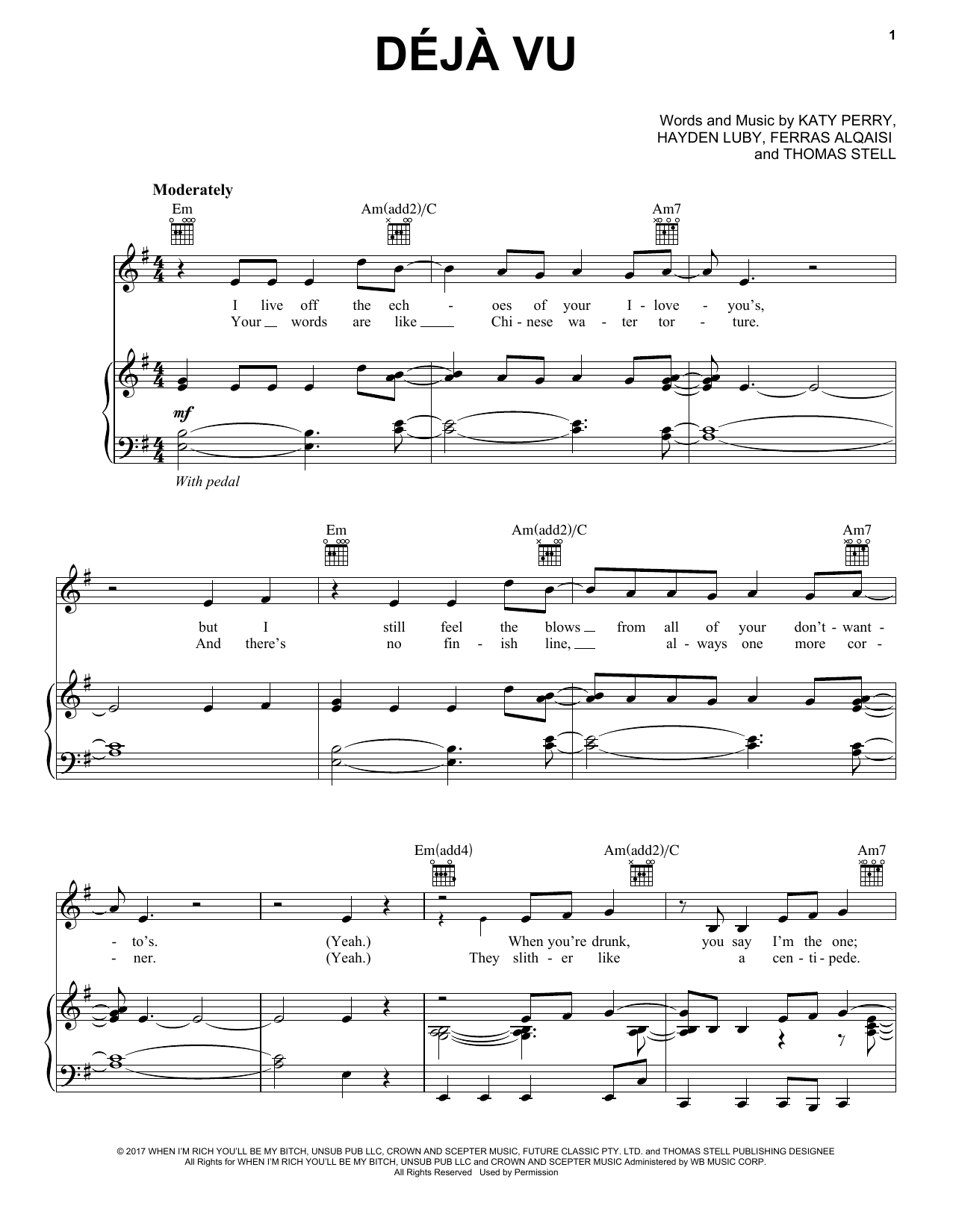 Katy Perry Deja Vu Sheet Music Notes & Chords for Piano, Vocal & Guitar (Right-Hand Melody) - Download or Print PDF