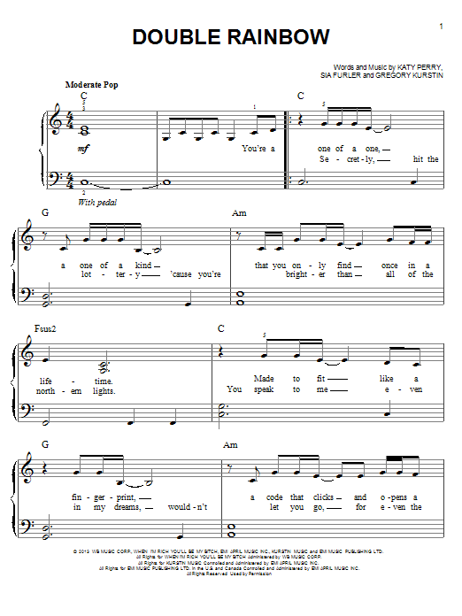 Katy Perry Double Rainbow Sheet Music Notes & Chords for Piano, Vocal & Guitar (Right-Hand Melody) - Download or Print PDF