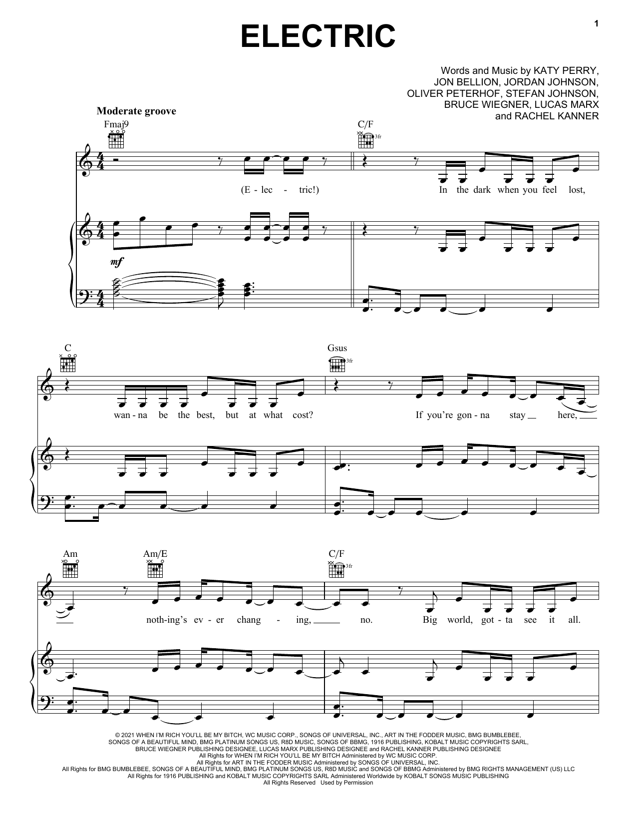 Katy Perry Electric Sheet Music Notes & Chords for Piano, Vocal & Guitar (Right-Hand Melody) - Download or Print PDF