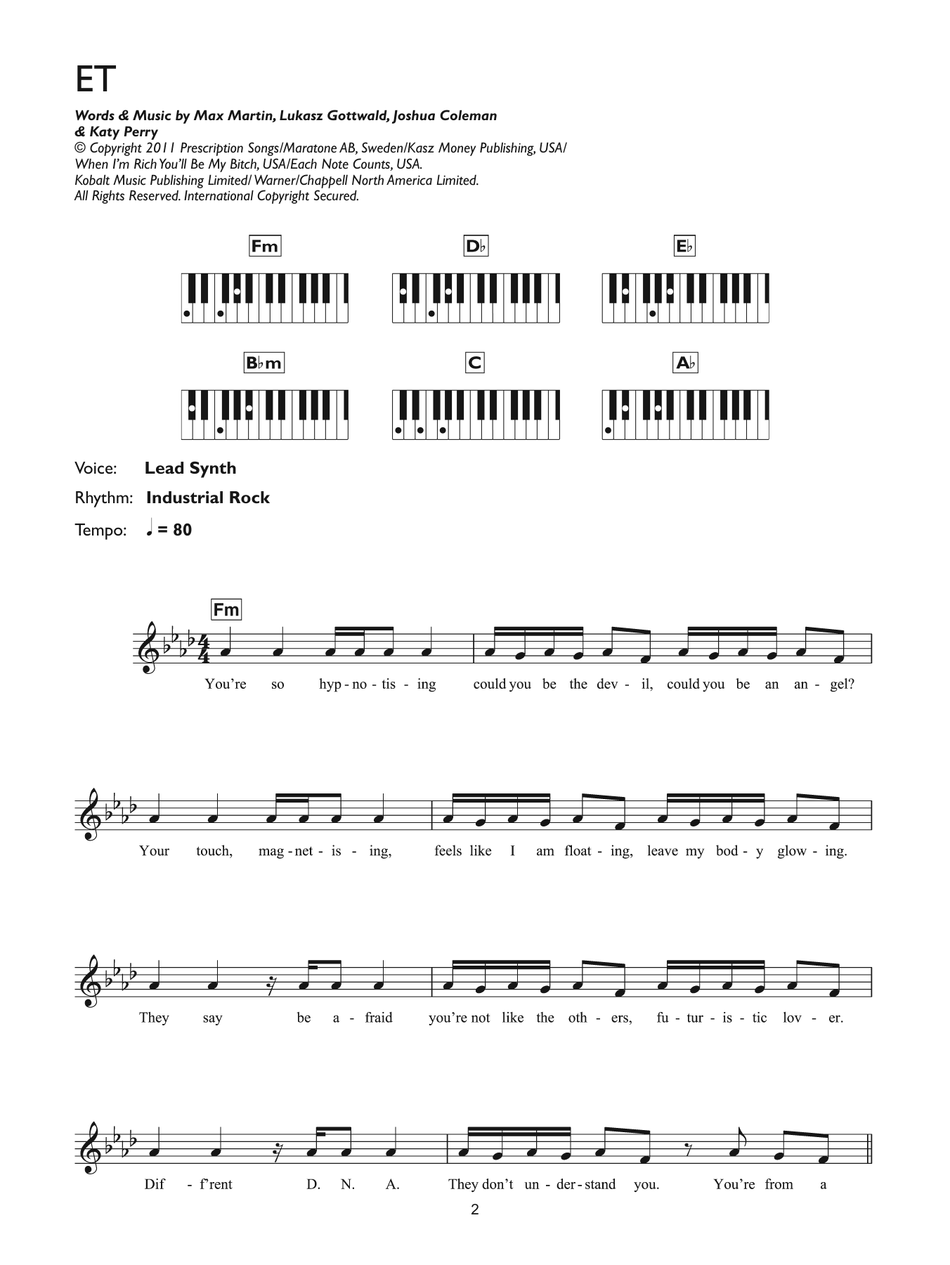 Katy Perry E.T. (featuring Kanye West) Sheet Music Notes & Chords for Piano Chords/Lyrics - Download or Print PDF