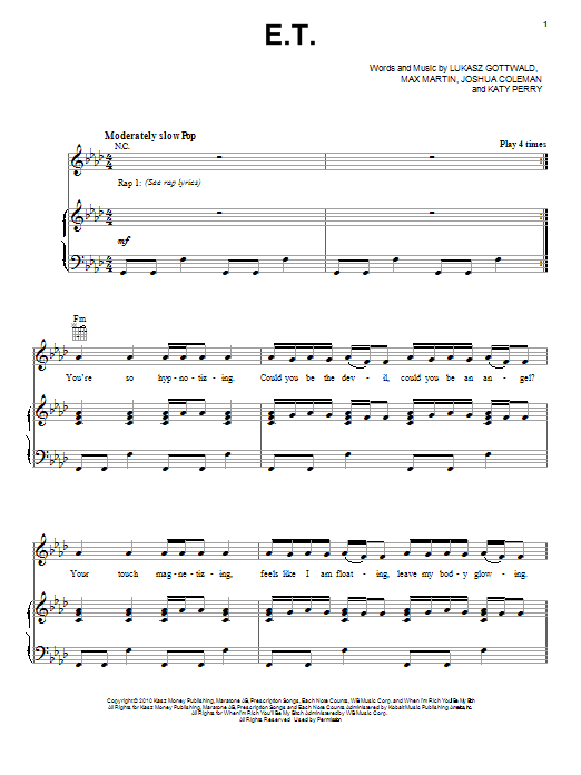 Katy Perry E.T. Sheet Music Notes & Chords for Keyboard - Download or Print PDF