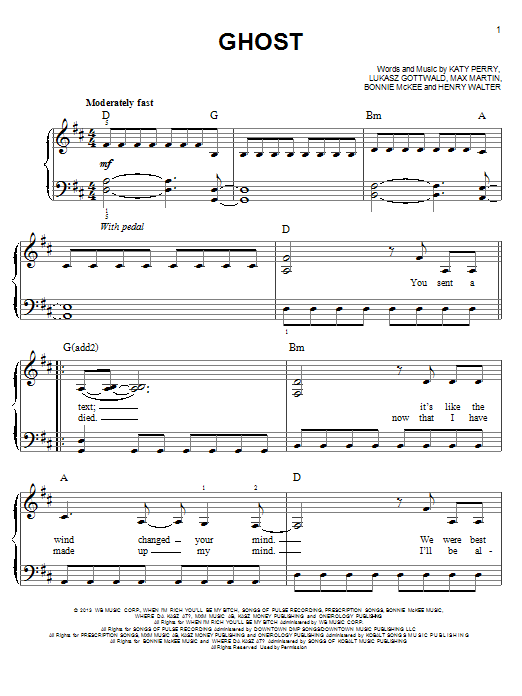 Katy Perry Ghost Sheet Music Notes & Chords for Easy Piano - Download or Print PDF