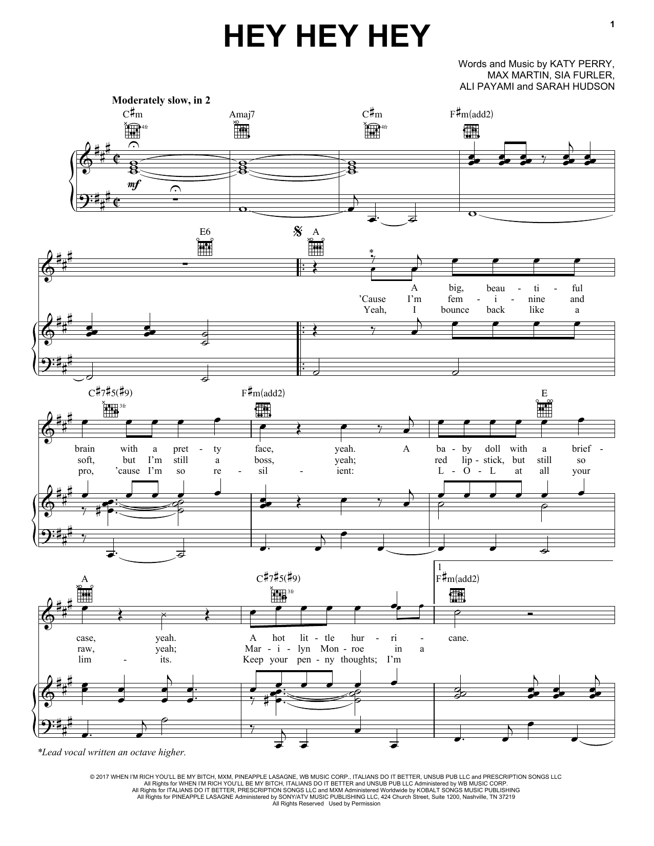 Katy Perry Hey Hey Hey Sheet Music Notes & Chords for Piano, Vocal & Guitar (Right-Hand Melody) - Download or Print PDF