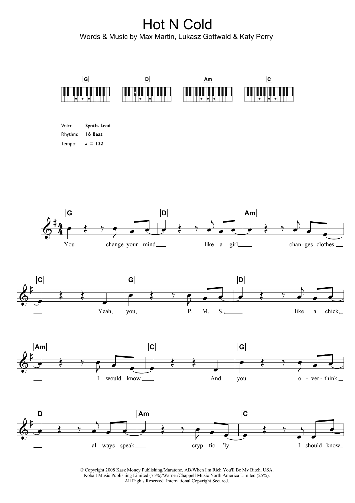 Katy Perry Hot N Cold Sheet Music Notes & Chords for Piano Chords/Lyrics - Download or Print PDF