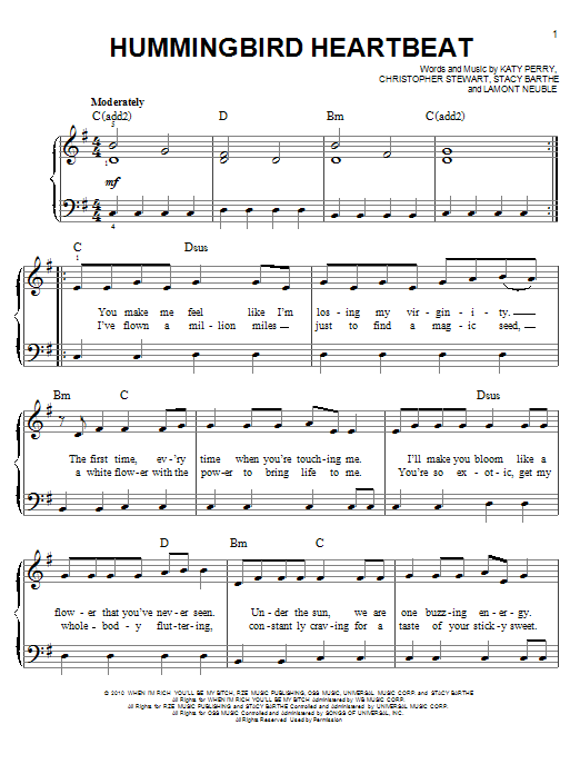 Katy Perry Hummingbird Heartbeat Sheet Music Notes & Chords for Easy Piano - Download or Print PDF