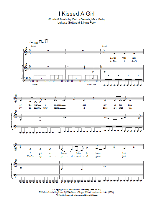 Katy Perry I Kissed A Girl Sheet Music Notes & Chords for Piano & Vocal - Download or Print PDF