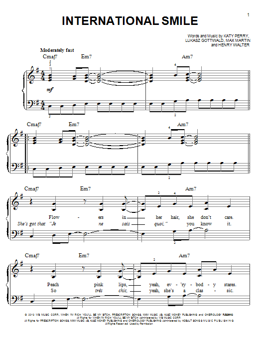 Katy Perry International Smile Sheet Music Notes & Chords for Piano, Vocal & Guitar (Right-Hand Melody) - Download or Print PDF