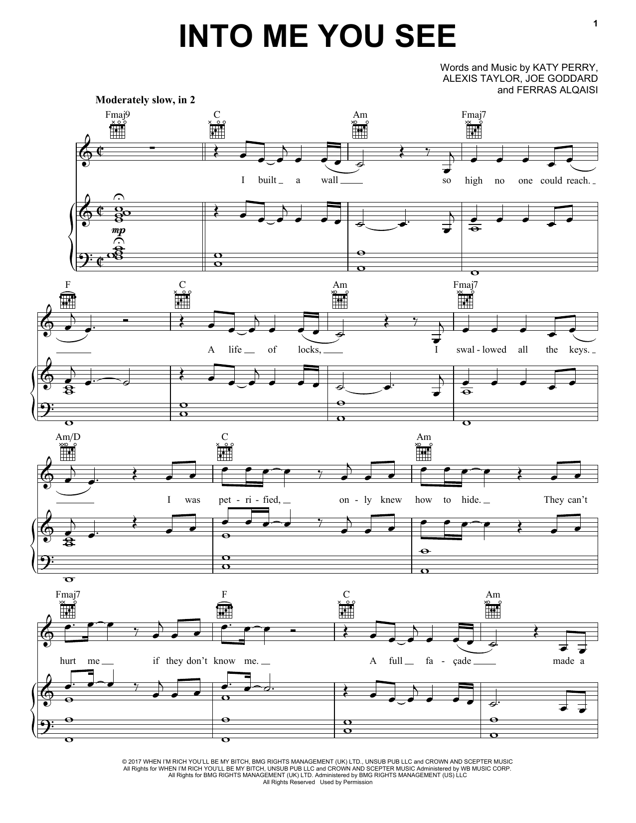 Katy Perry Into Me You See Sheet Music Notes & Chords for Piano, Vocal & Guitar (Right-Hand Melody) - Download or Print PDF