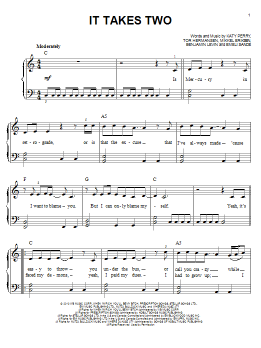 Katy Perry It Takes Two Sheet Music Notes & Chords for Piano, Vocal & Guitar (Right-Hand Melody) - Download or Print PDF
