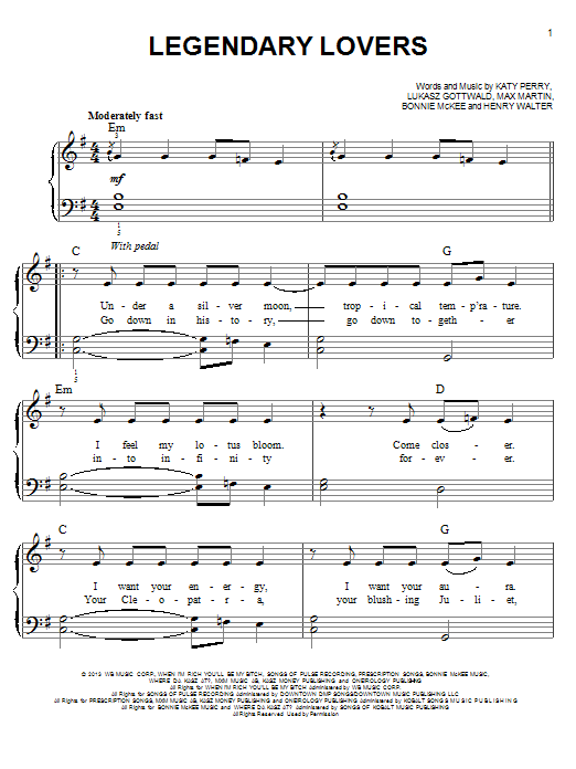 Katy Perry Legendary Lovers Sheet Music Notes & Chords for Easy Piano - Download or Print PDF