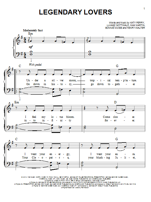 Katy Perry Legendary Lovers Sheet Music Notes & Chords for Piano, Vocal & Guitar (Right-Hand Melody) - Download or Print PDF