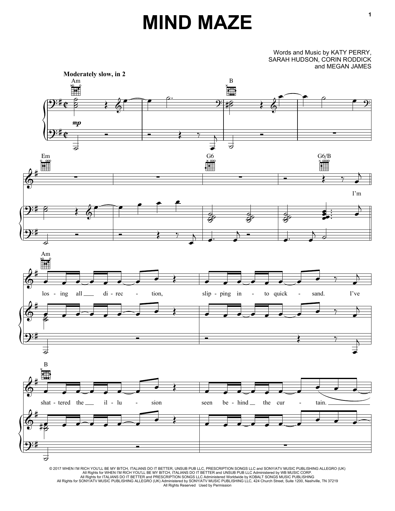 Katy Perry Mind Maze Sheet Music Notes & Chords for Piano, Vocal & Guitar (Right-Hand Melody) - Download or Print PDF