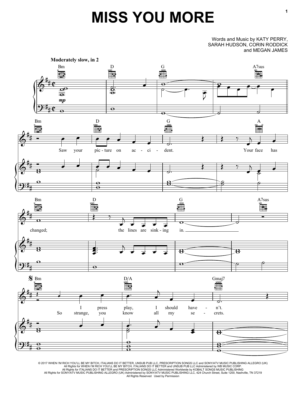 Katy Perry Miss You More Sheet Music Notes & Chords for Piano, Vocal & Guitar (Right-Hand Melody) - Download or Print PDF