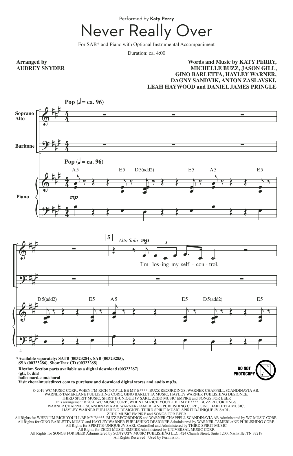 Katy Perry Never Really Over (arr. Audrey Snyder) Sheet Music Notes & Chords for SAB Choir - Download or Print PDF