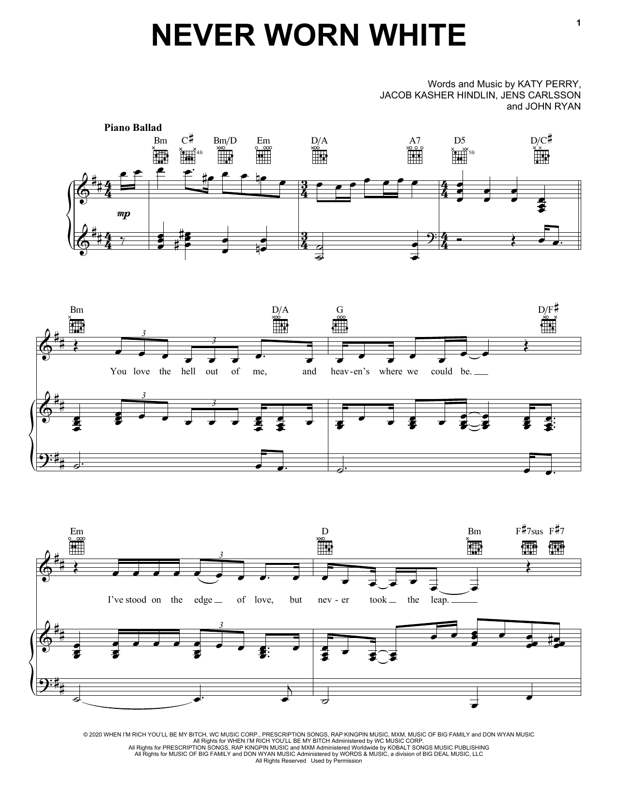Katy Perry Never Worn White Sheet Music Notes & Chords for Instrumental Solo – Treble Clef Low Range - Download or Print PDF