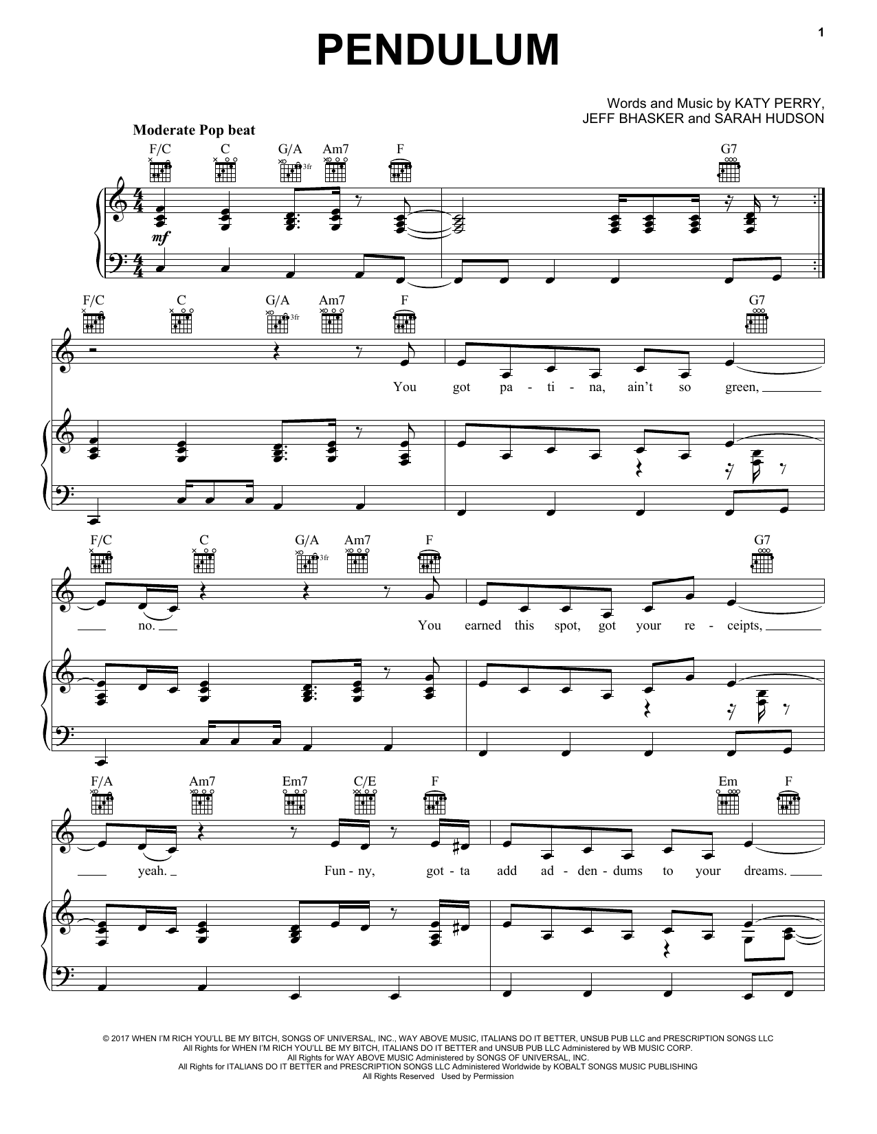 Katy Perry Pendulum Sheet Music Notes & Chords for Piano, Vocal & Guitar (Right-Hand Melody) - Download or Print PDF