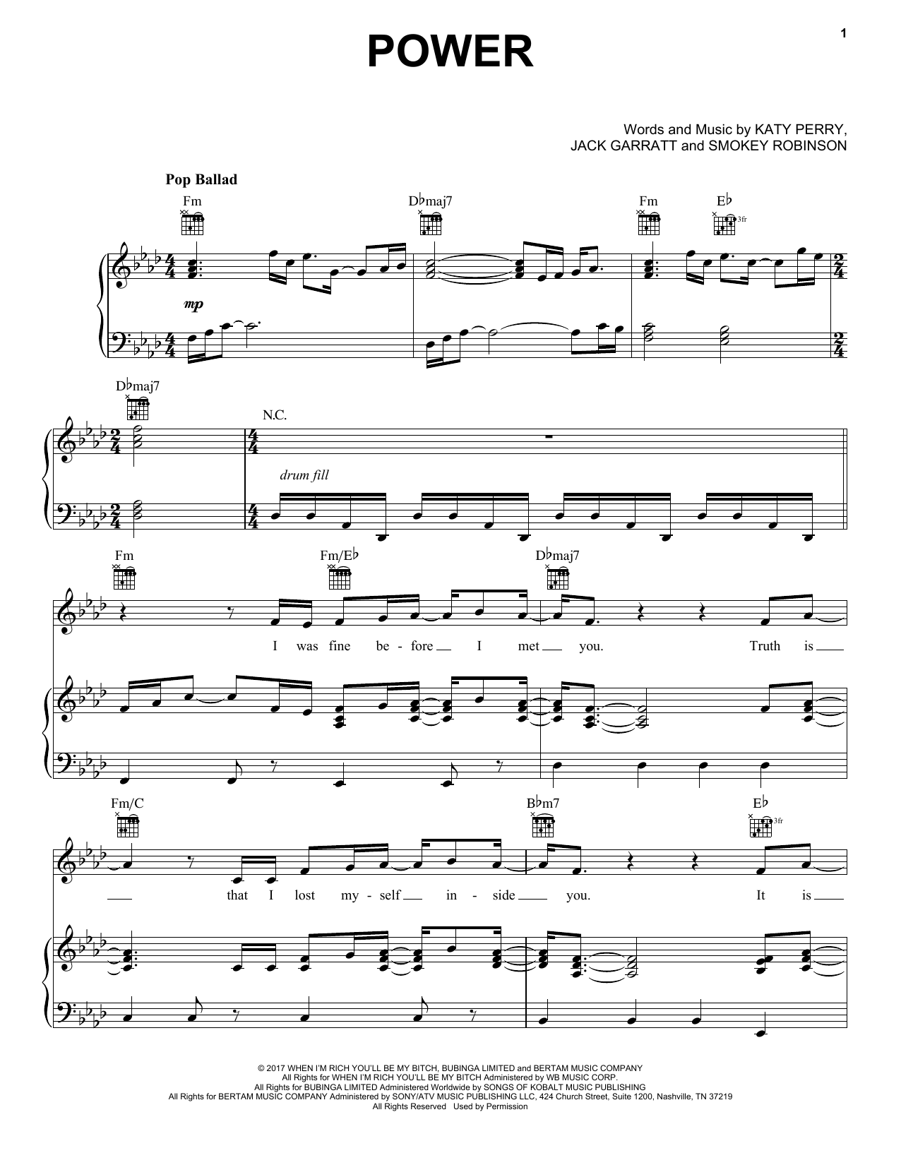 Katy Perry Power Sheet Music Notes & Chords for Piano, Vocal & Guitar (Right-Hand Melody) - Download or Print PDF