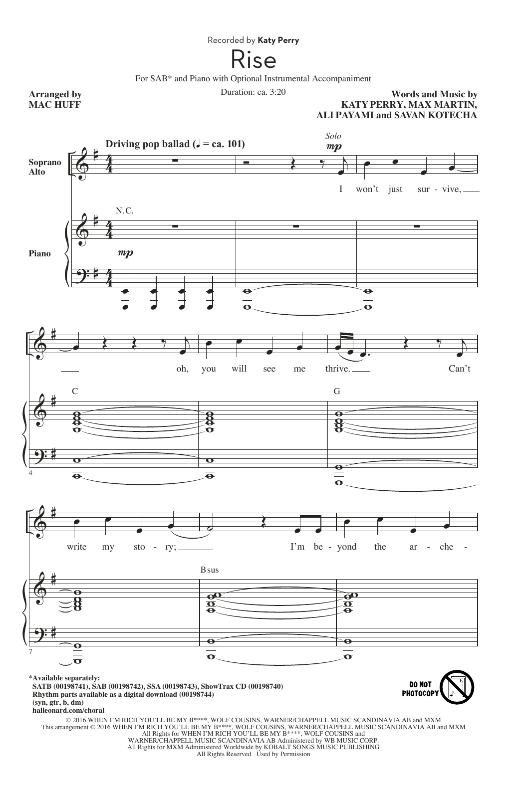 Katy Perry Rise (arr. Mac Huff) Sheet Music Notes & Chords for SAB - Download or Print PDF