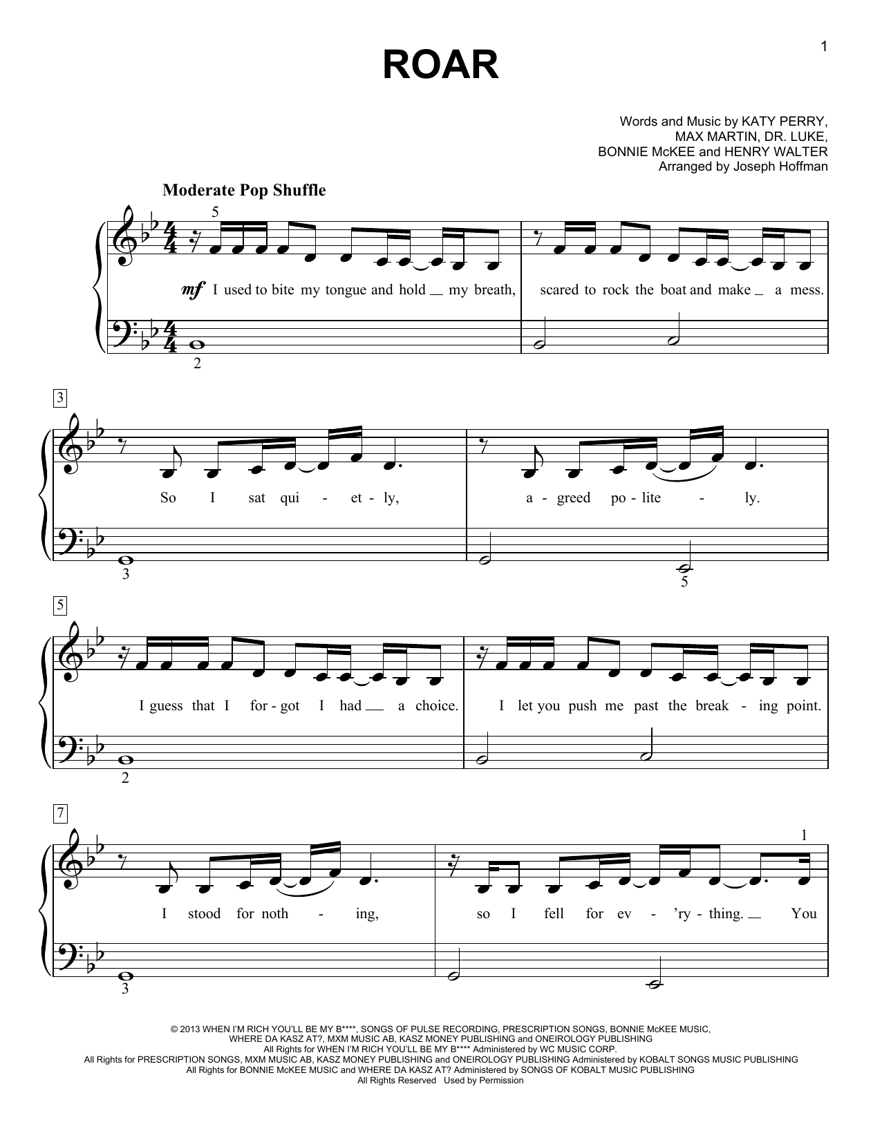 Katy Perry Roar (arr. Joseph Hoffman) Sheet Music Notes & Chords for Easy Piano - Download or Print PDF