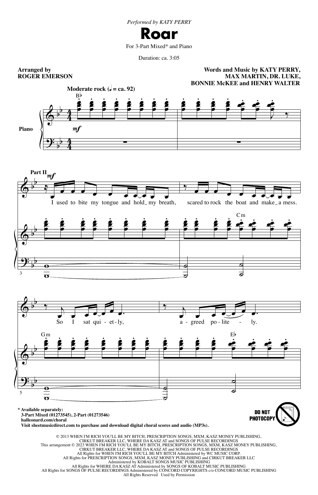 Katy Perry Roar (arr. Roger Emerson) Sheet Music Notes & Chords for 3-Part Mixed Choir - Download or Print PDF