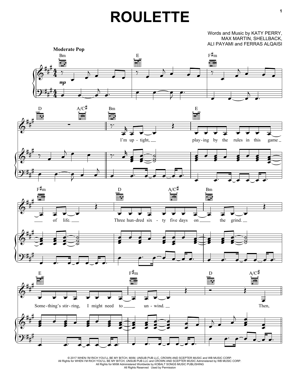 Katy Perry Roulette Sheet Music Notes & Chords for Piano, Vocal & Guitar (Right-Hand Melody) - Download or Print PDF