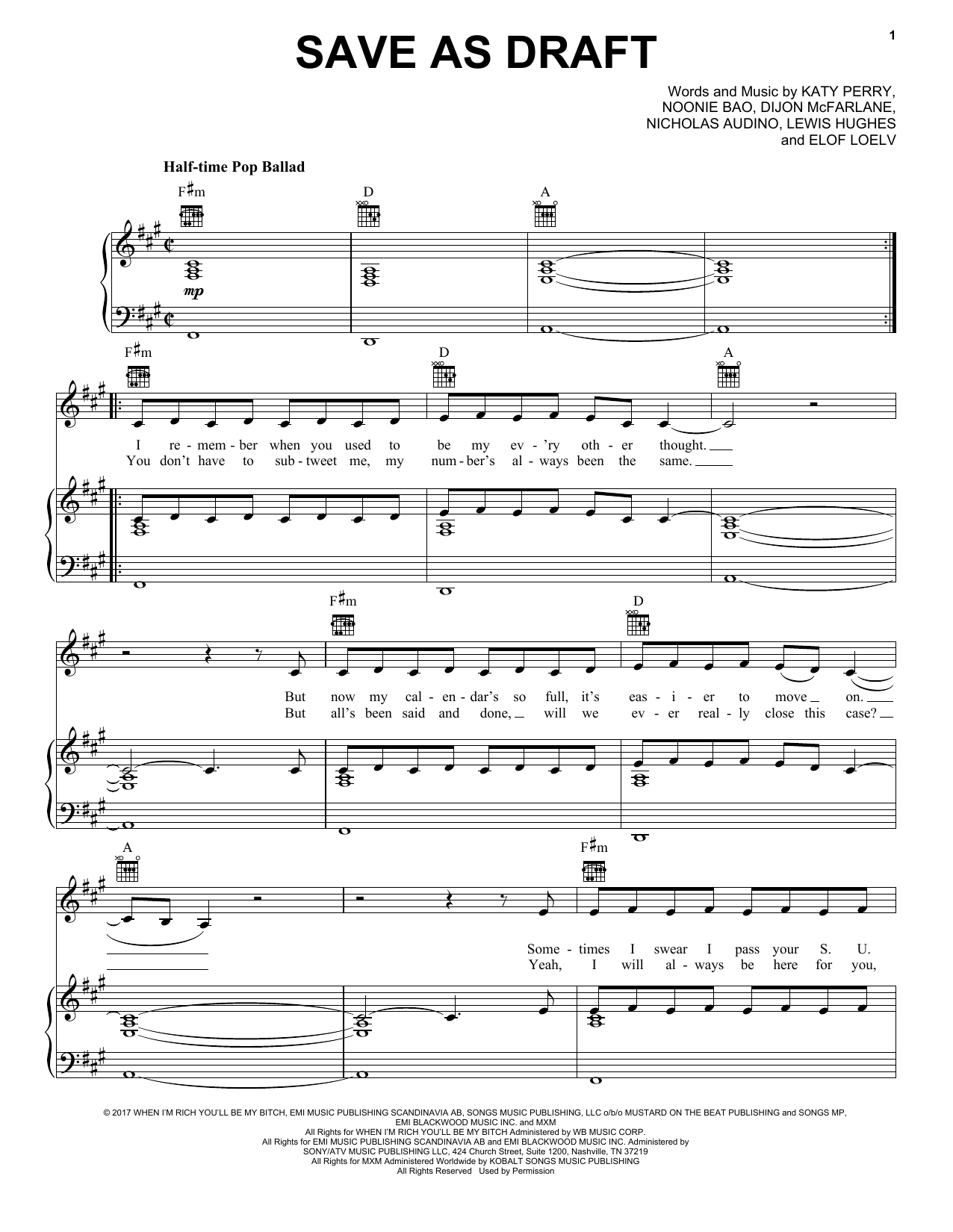 Katy Perry Save As Draft Sheet Music Notes & Chords for Piano, Vocal & Guitar (Right-Hand Melody) - Download or Print PDF