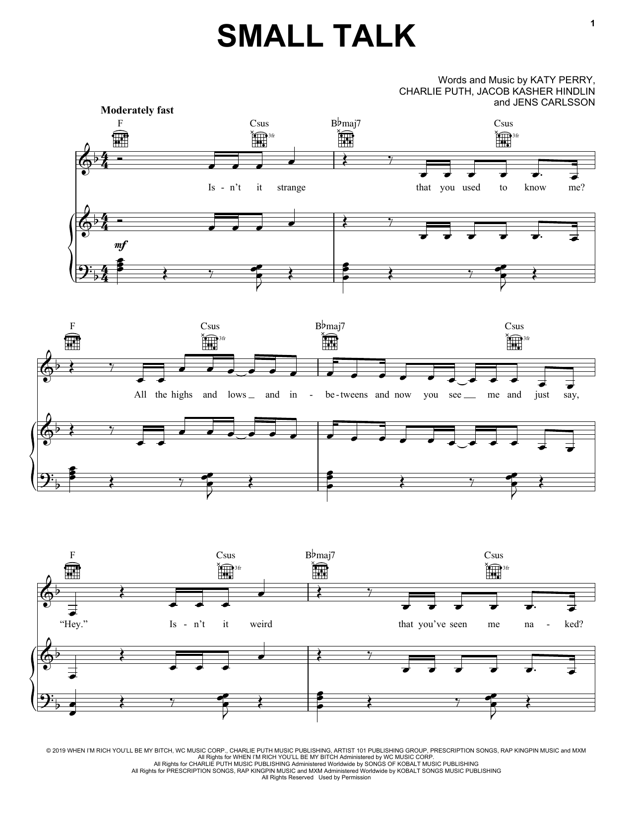 Katy Perry Small Talk Sheet Music Notes & Chords for Piano, Vocal & Guitar (Right-Hand Melody) - Download or Print PDF