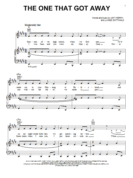Katy Perry The One That Got Away Sheet Music Notes & Chords for Piano, Vocal & Guitar (Right-Hand Melody) - Download or Print PDF