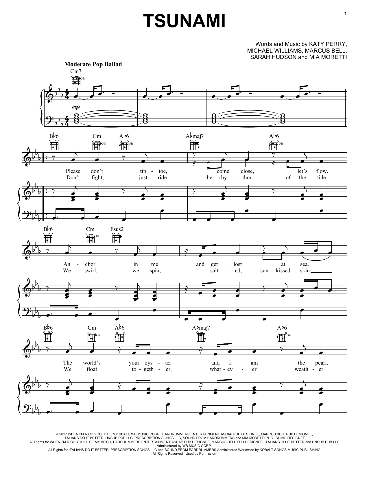 Katy Perry Tsunami Sheet Music Notes & Chords for Piano, Vocal & Guitar (Right-Hand Melody) - Download or Print PDF