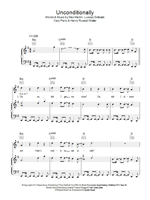 Katy Perry Unconditionally Sheet Music Notes & Chords for Piano, Vocal & Guitar (Right-Hand Melody) - Download or Print PDF
