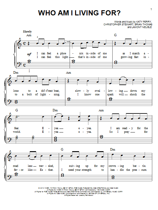 Katy Perry Who Am I Living For? Sheet Music Notes & Chords for Easy Piano - Download or Print PDF
