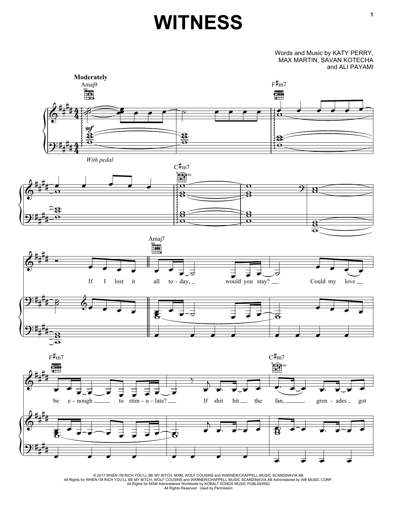 Katy Perry Witness Sheet Music Notes & Chords for Piano, Vocal & Guitar (Right-Hand Melody) - Download or Print PDF