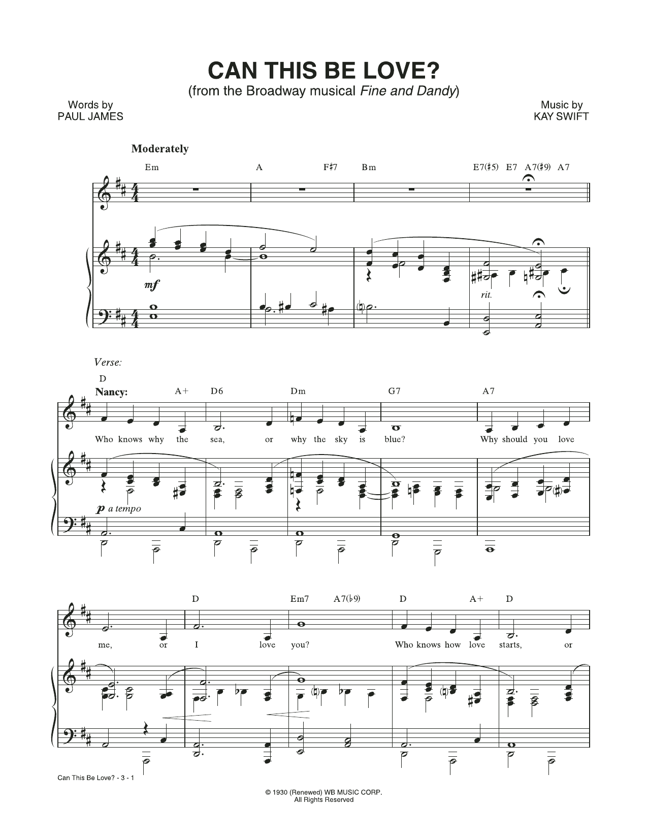Kay Swift & Paul James Can This Be Love? (from the musical Fine and Dandy) Sheet Music Notes & Chords for Piano & Vocal - Download or Print PDF