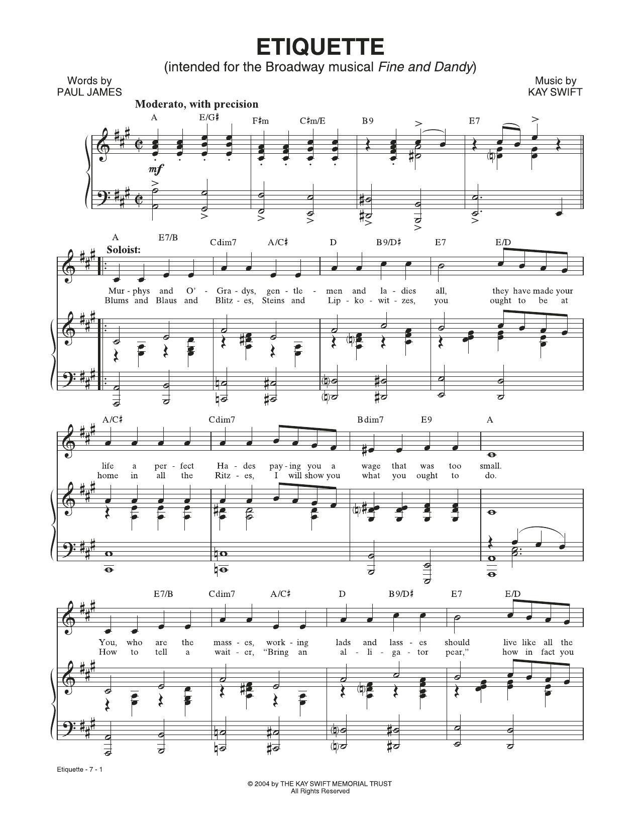 Kay Swift & Paul James Etiquette (from the musical Fine and Dandy) Sheet Music Notes & Chords for Piano & Vocal - Download or Print PDF