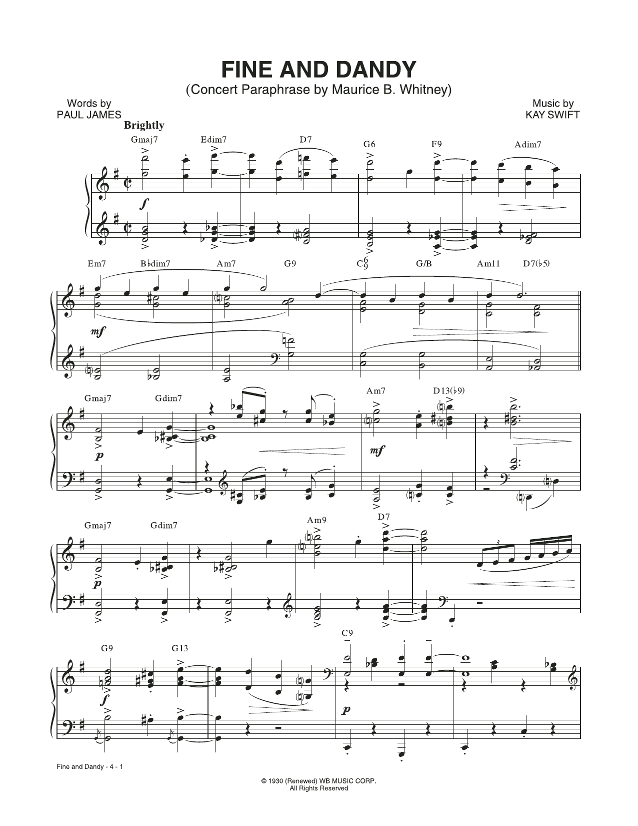 Kay Swift & Paul James Fine And Dandy (Concert Paraphrase by Maurice B. Whitney) (from the musical Fine and Dandy) Sheet Music Notes & Chords for Piano & Vocal - Download or Print PDF