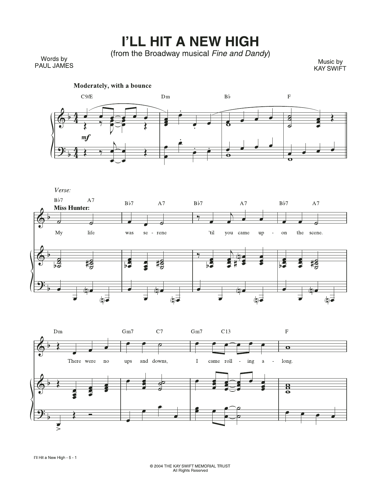 Kay Swift & Paul James I'll Hit A New High (from the musical Fine and Dandy) Sheet Music Notes & Chords for Piano & Vocal - Download or Print PDF