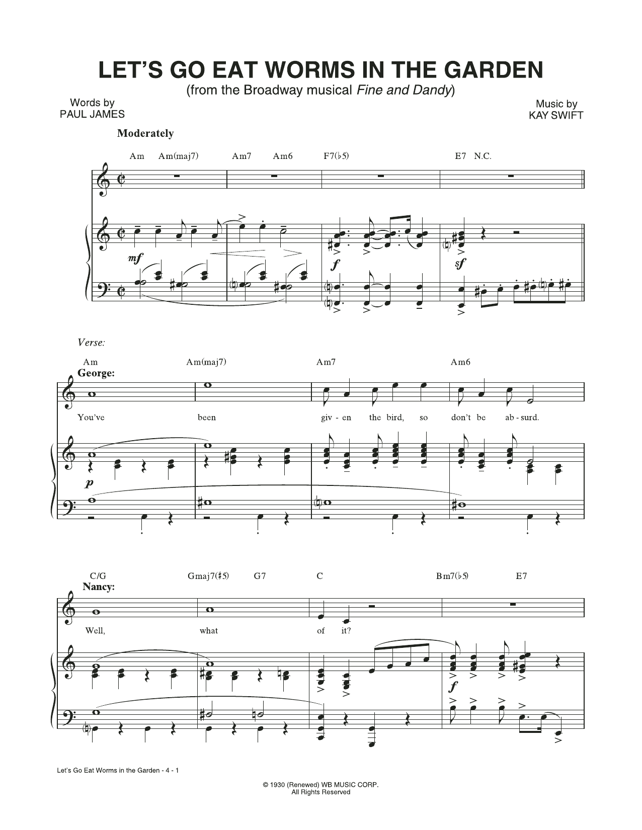 Kay Swift & Paul James Let's Go Eat Worms In The Garden (from the musical Fine and Dandy) Sheet Music Notes & Chords for Piano & Vocal - Download or Print PDF