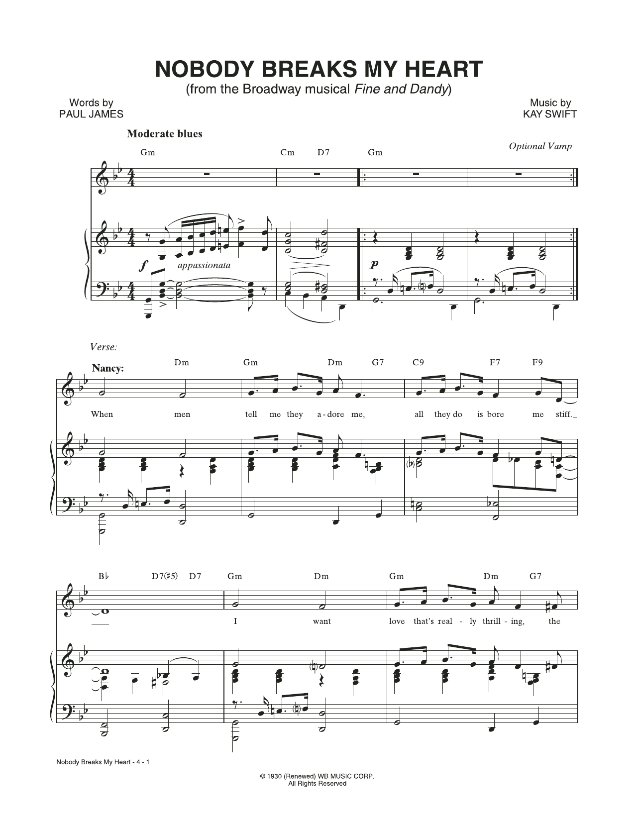Kay Swift & Paul James Nobody Breaks My Heart (from the musical Fine and Dandy) Sheet Music Notes & Chords for Piano & Vocal - Download or Print PDF