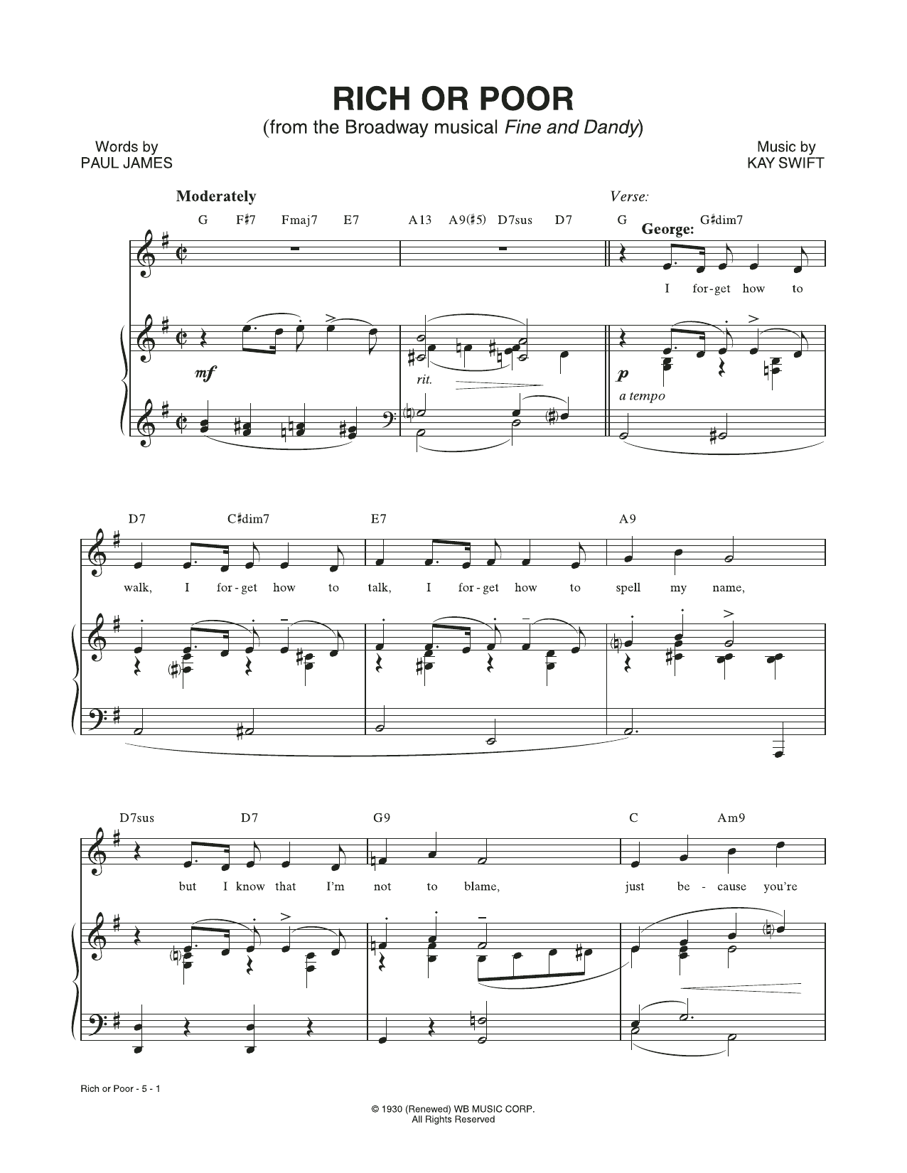 Kay Swift & Paul James Rich Or Poor (from the musical Fine and Dandy) Sheet Music Notes & Chords for Piano & Vocal - Download or Print PDF