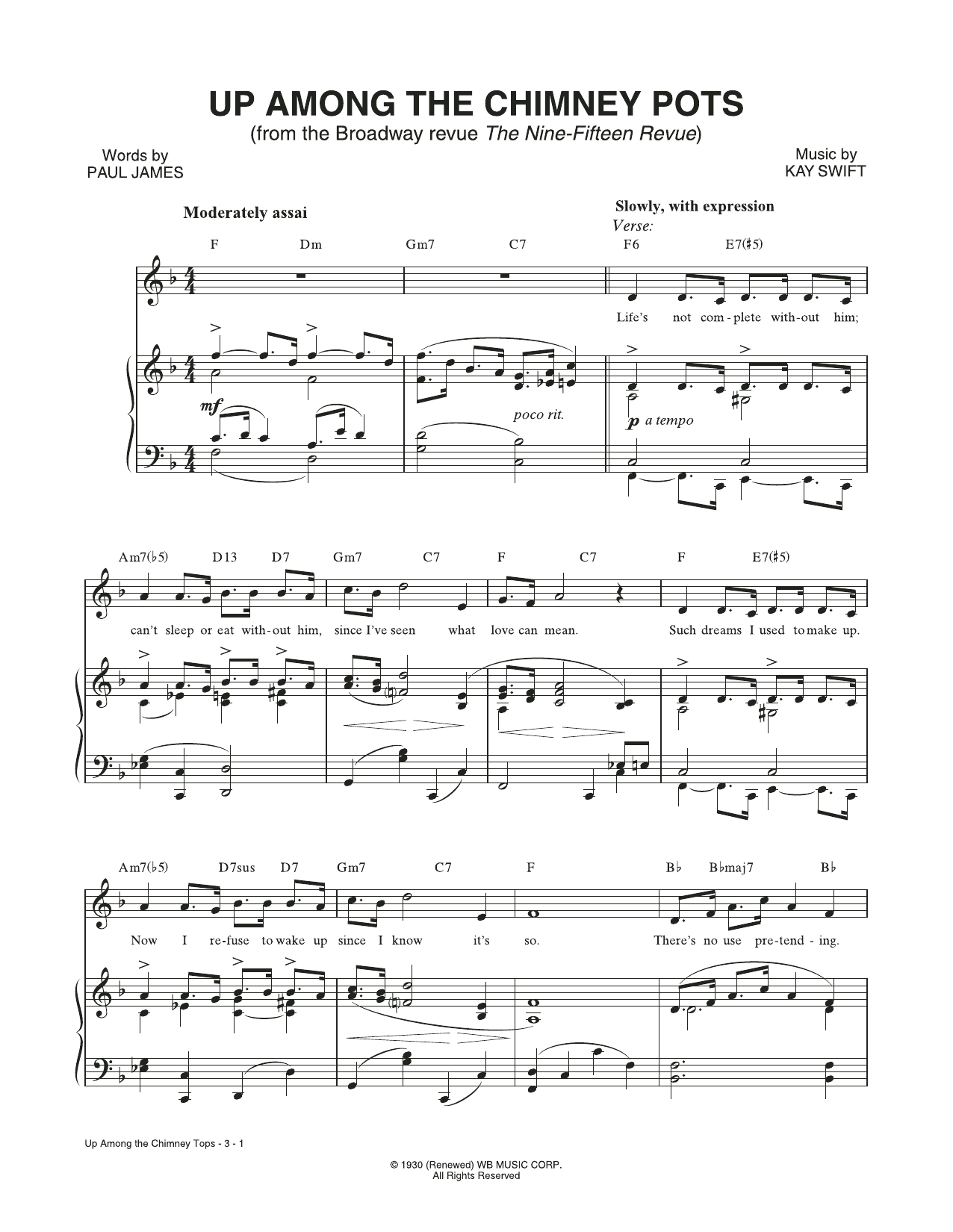 Kay Swift & Paul James Up Among The Chimney Pots (from The Nine-Fifteen Revue) Sheet Music Notes & Chords for Piano & Vocal - Download or Print PDF