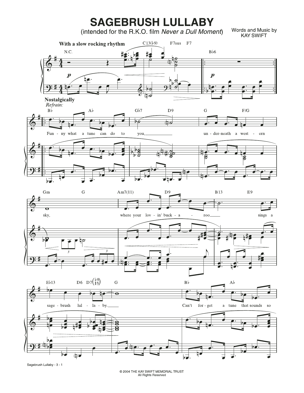 Kay Swift Sagebrush Lullaby (from Never a Dull Moment) Sheet Music Notes & Chords for Piano & Vocal - Download or Print PDF